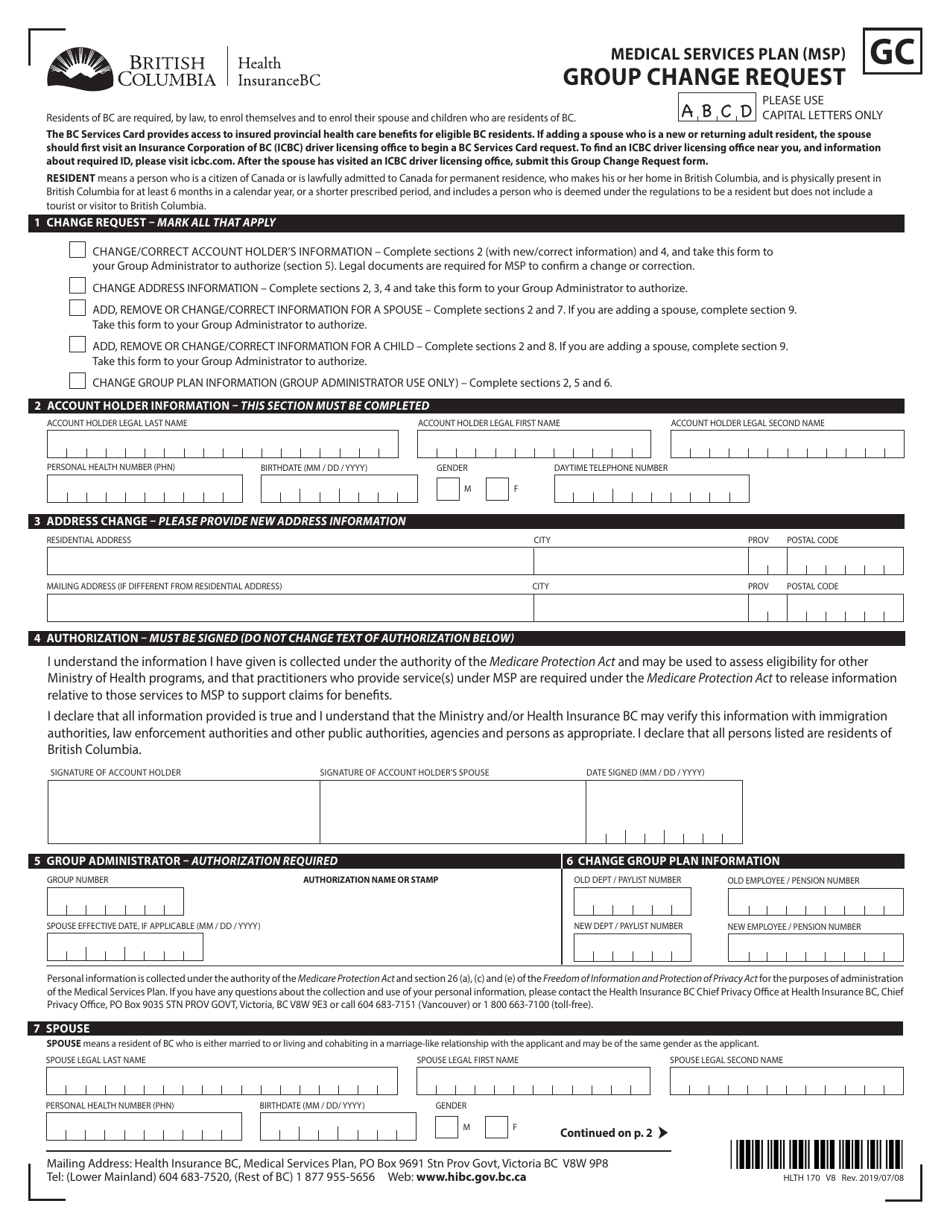 Form HLTH170 Medical Services Plan (Msp) Group Change Request - British Columbia, Canada, Page 1