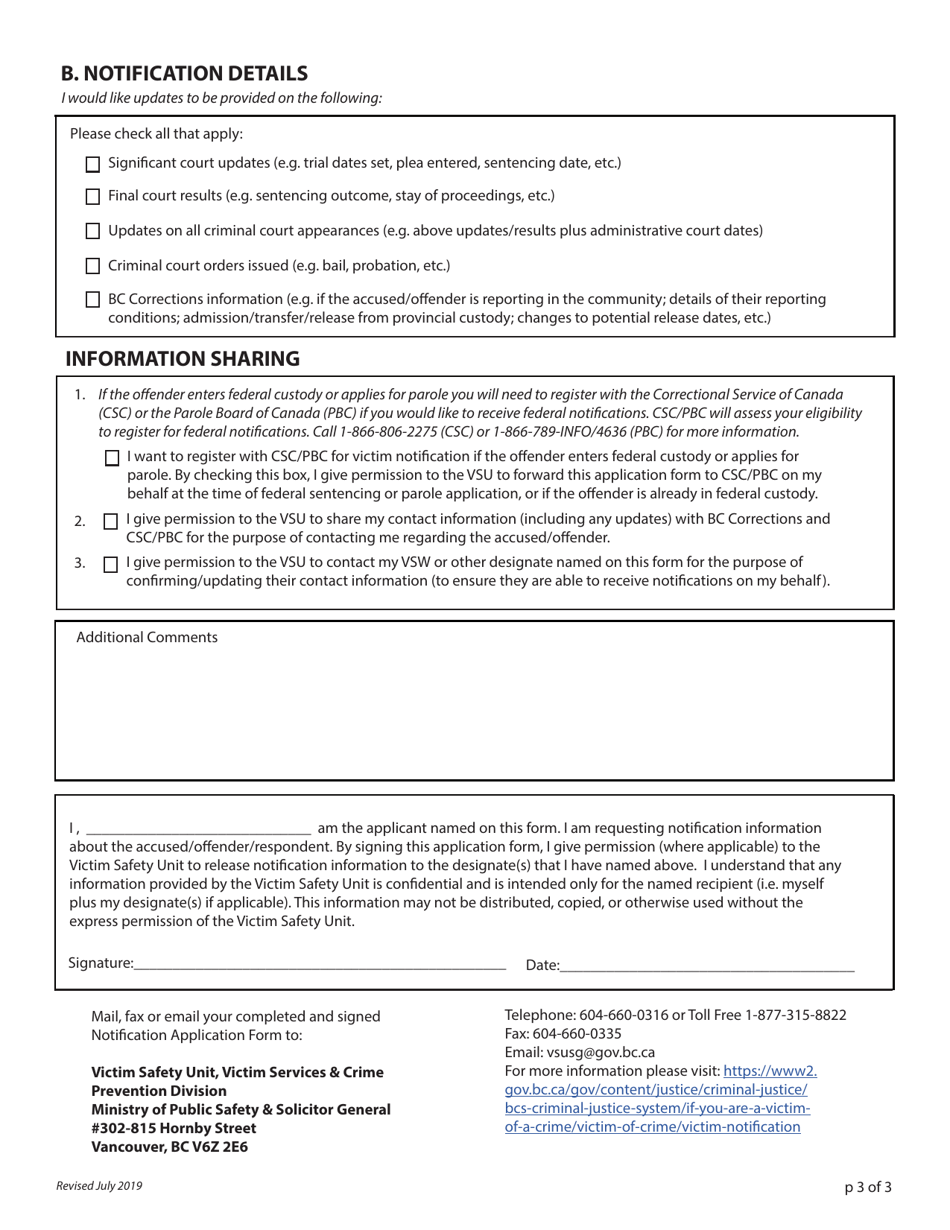 Victim Safety Unit Notification Application Form - British Columbia, Canada (English / Chinese), Page 4