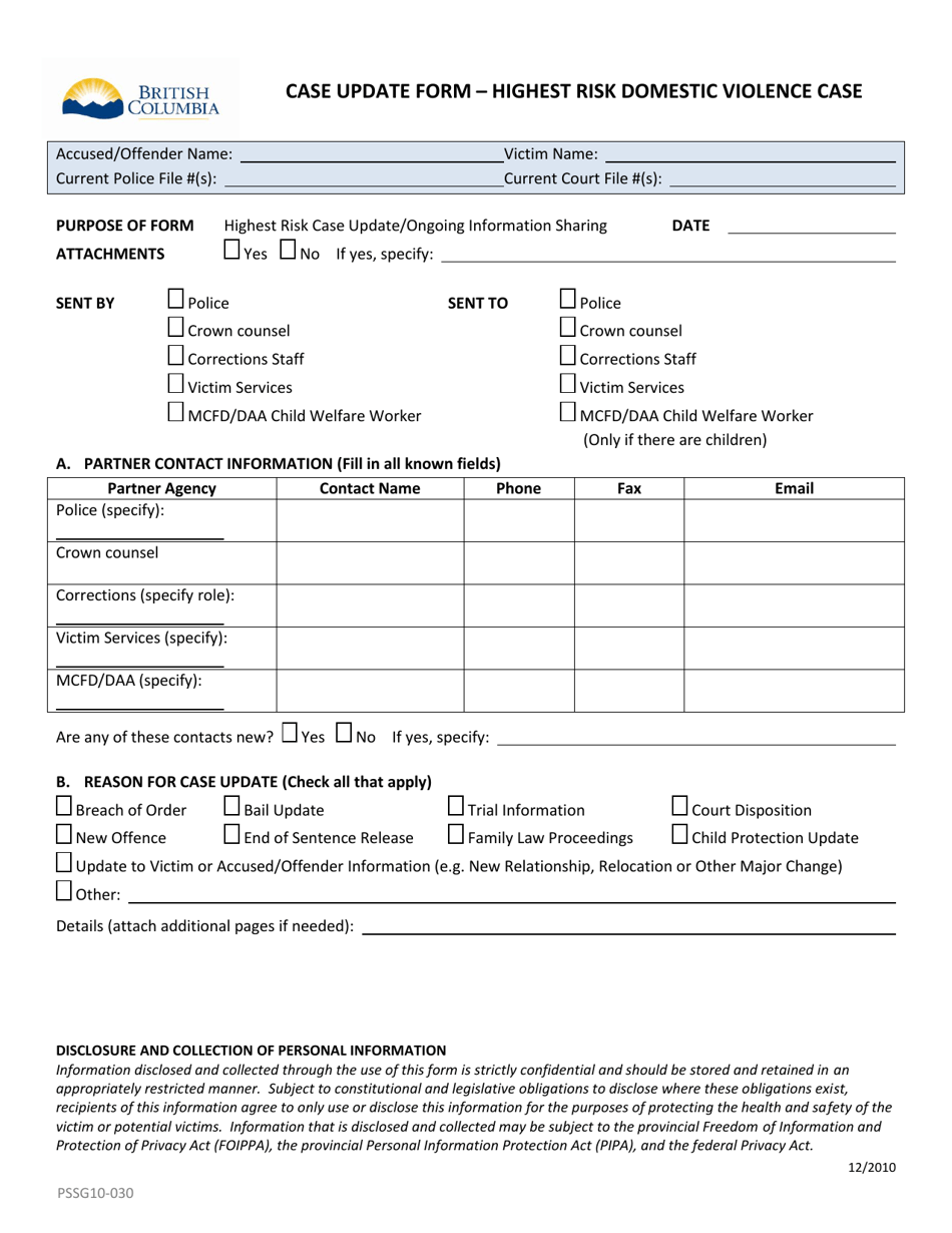 Case Update Form - Highest Risk Domestic Violence Case - British Columbia, Canada, Page 1