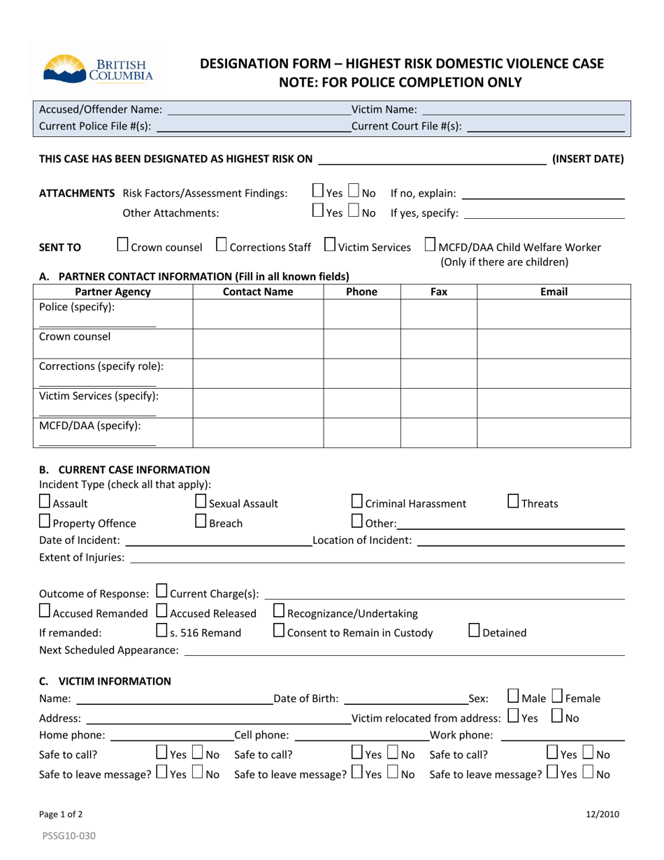 Form PSSG10-030 Designation Form - Highest Risk Domestic Violence Case - British Columbia, Canada, Page 1