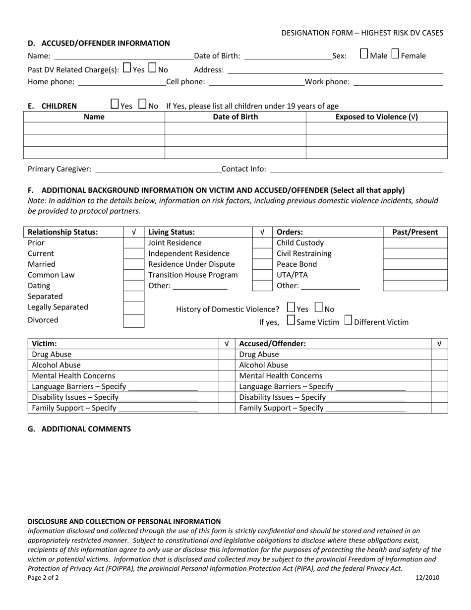 Form PSSG10-030 Designation Form - Highest Risk Domestic Violence Case - British Columbia, Canada, Page 2