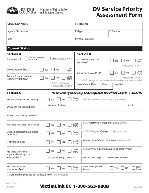 Form PSSG10-017 Dv Service Priority Assessment Form - British Columbia, Canada