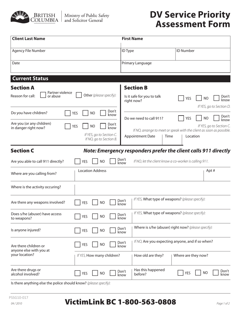 Form PSSG10-017 Dv Service Priority Assessment Form - British Columbia, Canada, Page 1