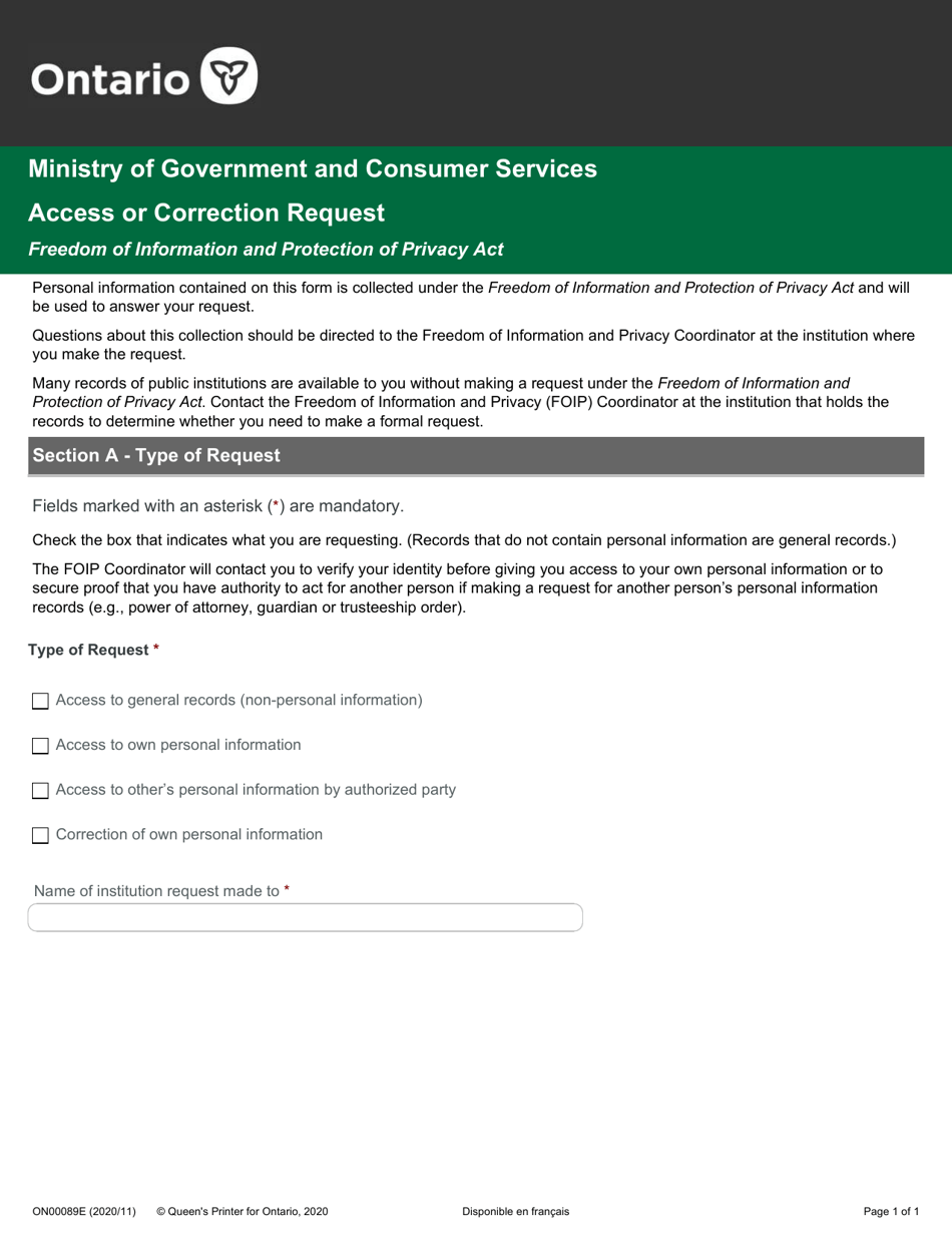 Form ON00089E Fippa, Mfippa - Access or Correction Request - Ontario, Canada, Page 1