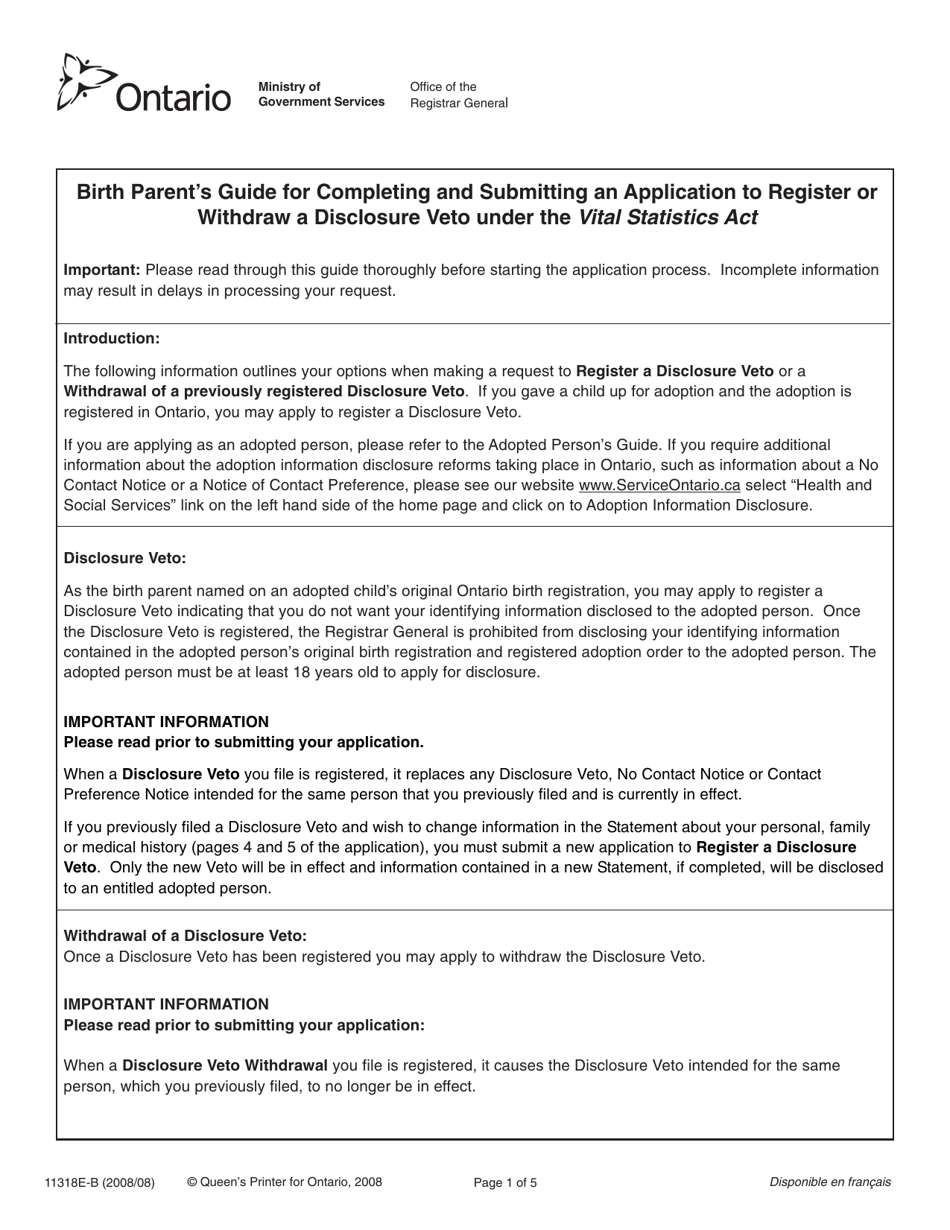 Form 11318E-B Birth Parents Guide for Completing and Submitting an Application to Register or Withdraw a Disclosure Veto Under the Vital Statistics Act - Ontario, Canada, Page 1