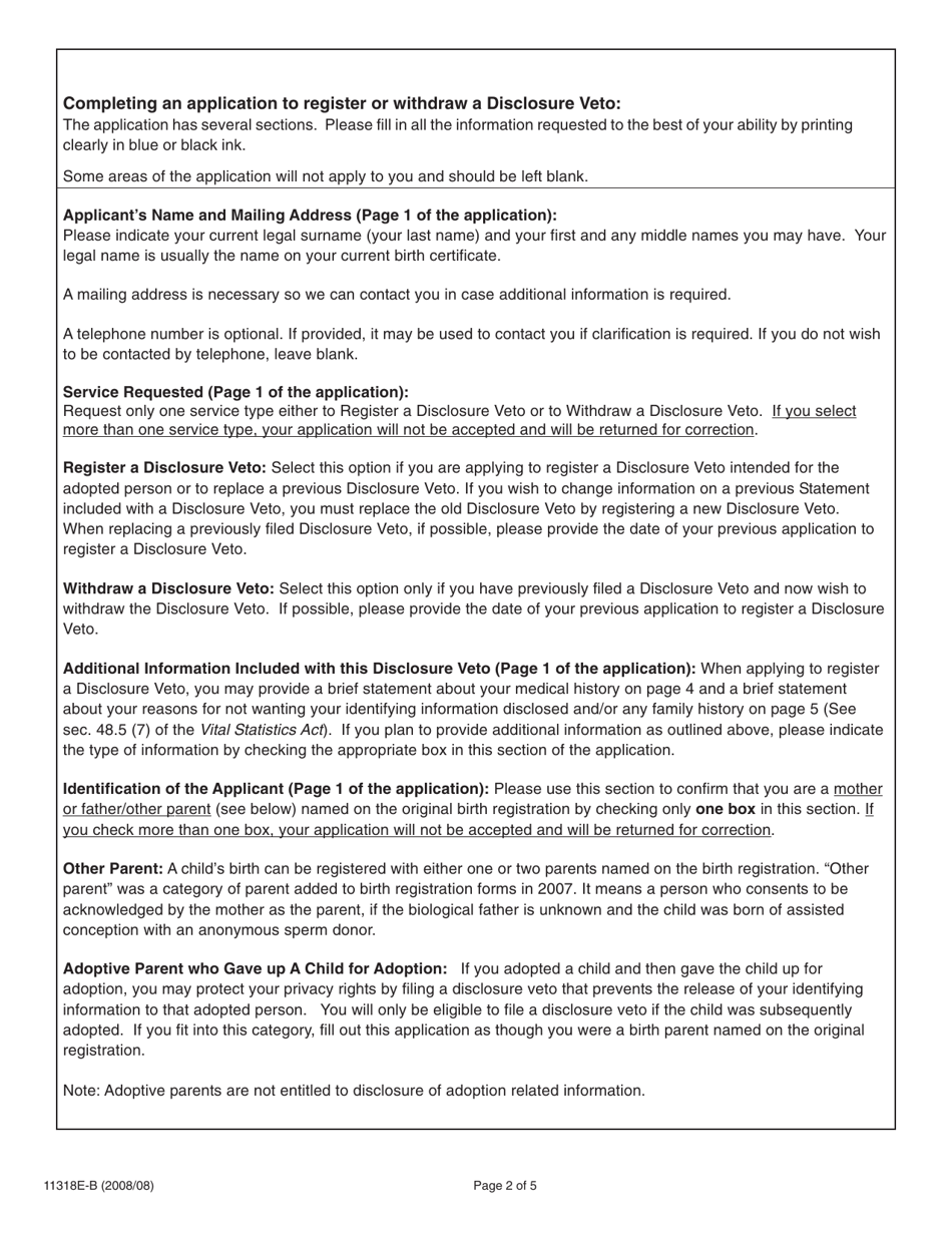 Form 11318E-B Birth Parents Guide for Completing and Submitting an Application to Register or Withdraw a Disclosure Veto Under the Vital Statistics Act - Ontario, Canada, Page 2
