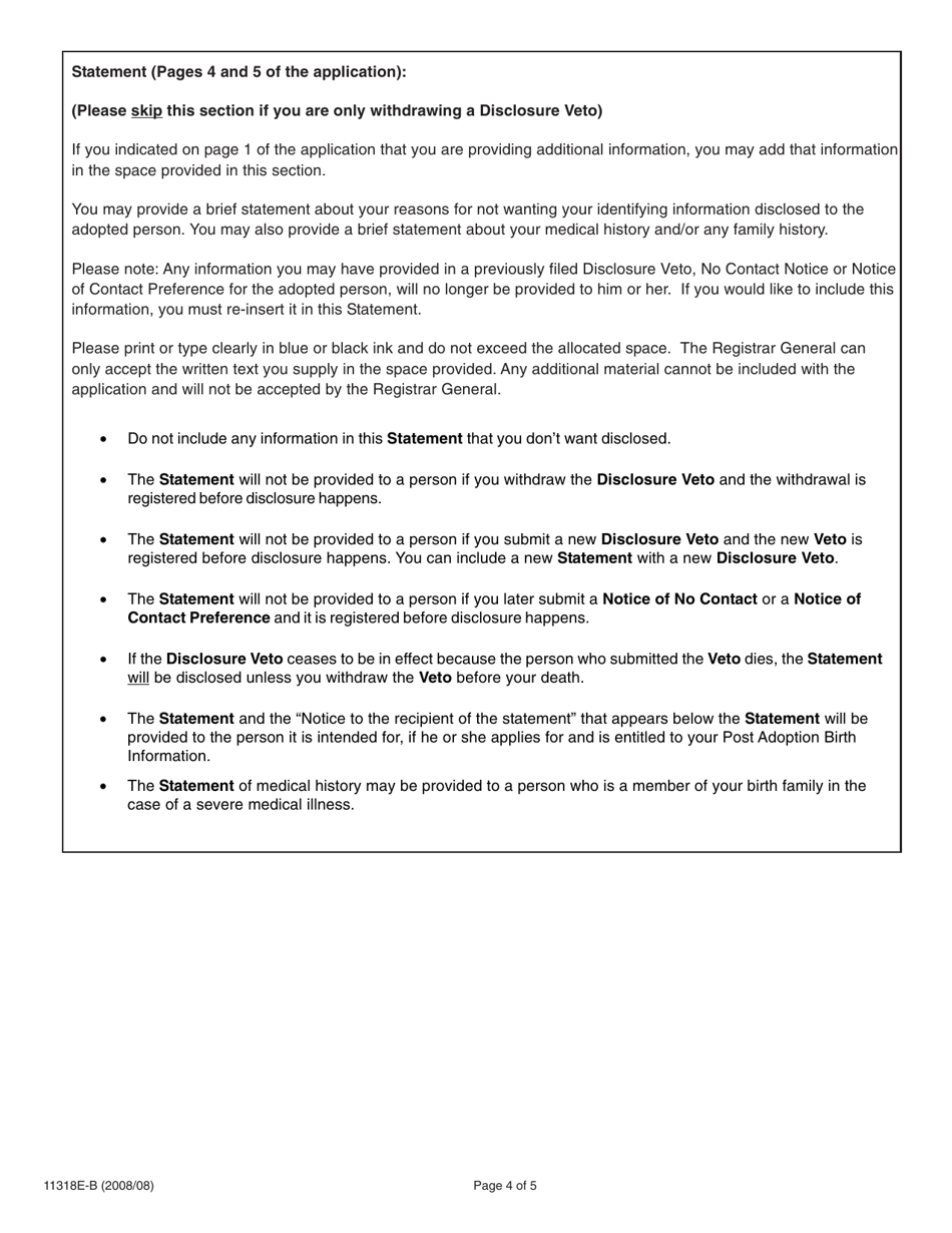 Form 11318E-B Birth Parents Guide for Completing and Submitting an Application to Register or Withdraw a Disclosure Veto Under the Vital Statistics Act - Ontario, Canada, Page 4