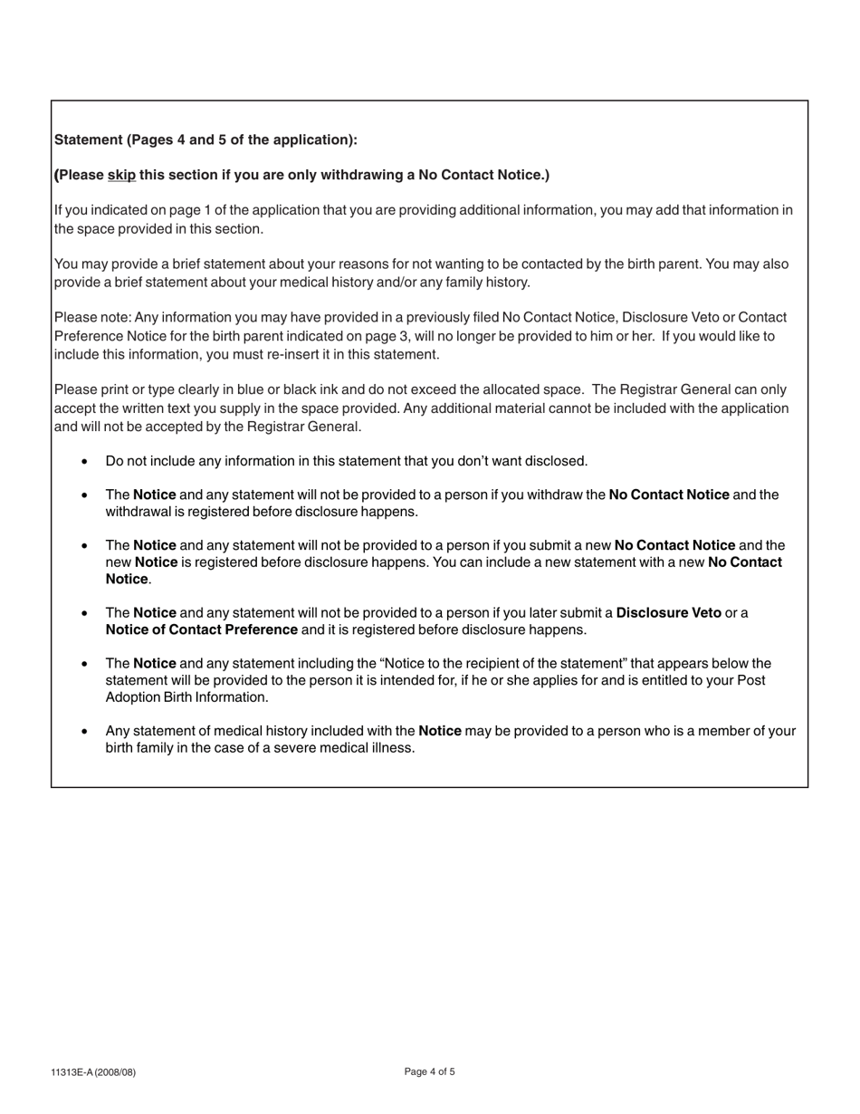 Instructions for Form 11313E-A Adoption Information Disclosure Application to Register or Withdraw a No Contact Notice - Adopted Person - Ontario, Canada, Page 4