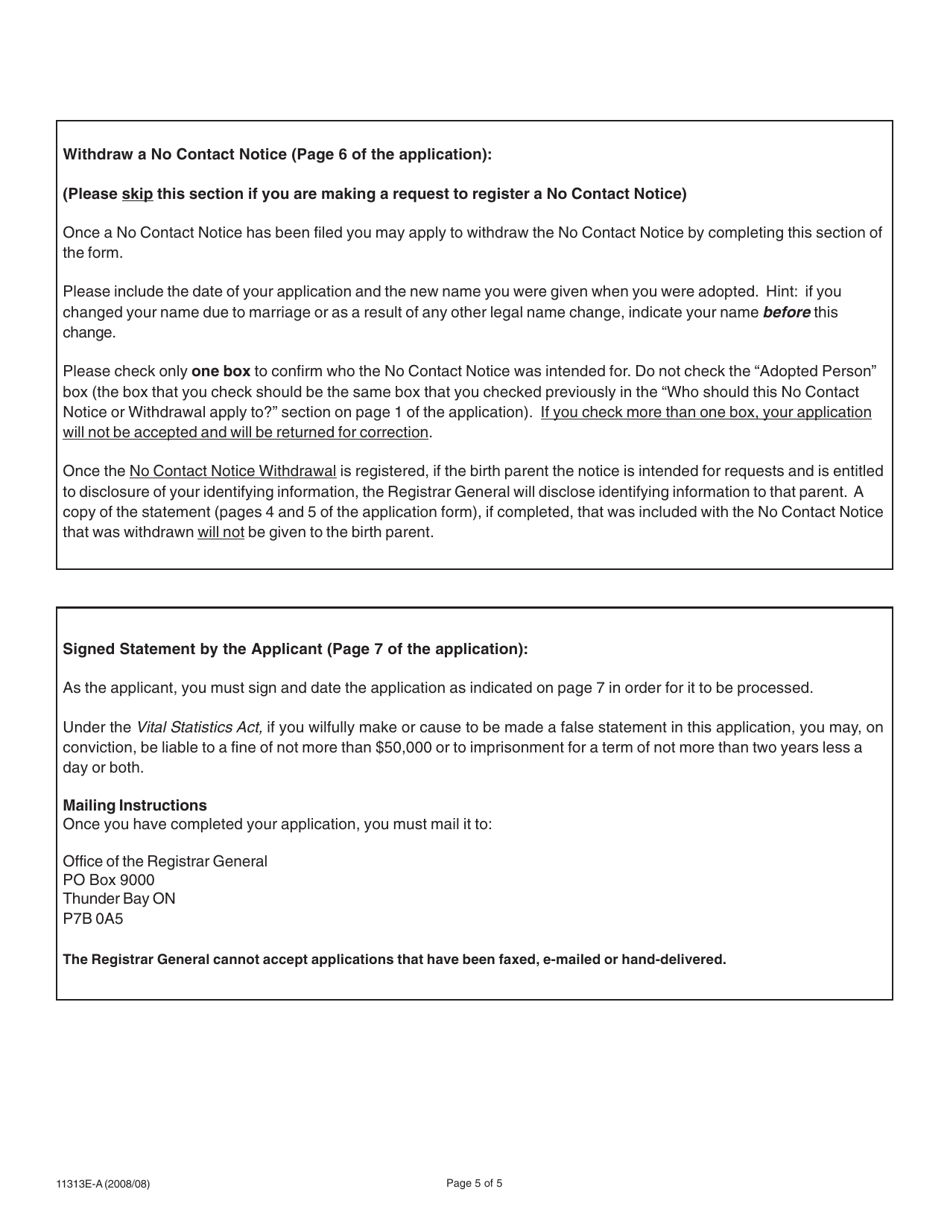 Instructions for Form 11313E-A Adoption Information Disclosure Application to Register or Withdraw a No Contact Notice - Adopted Person - Ontario, Canada, Page 5