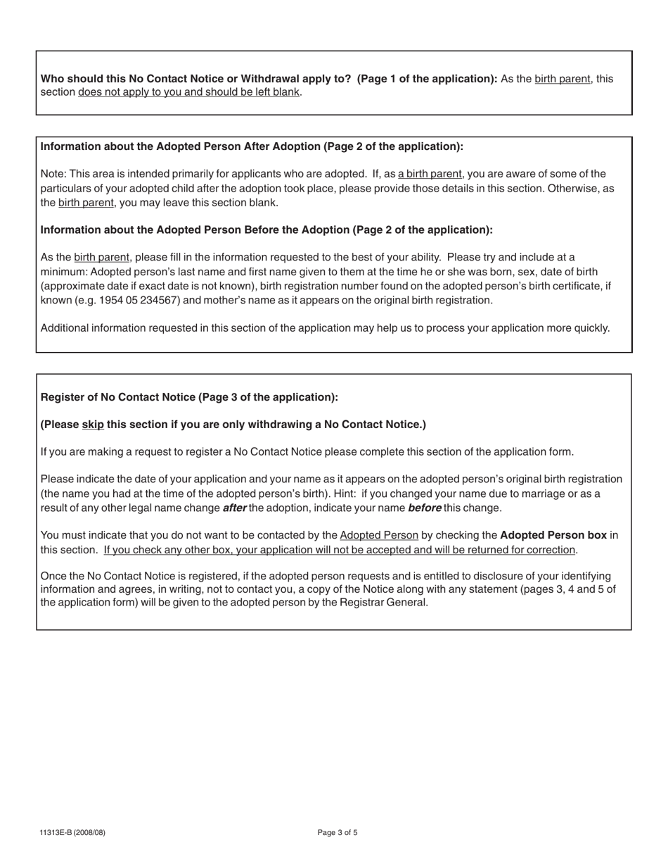 Instructions for Form 11313E-B Adoption Information Disclosure Application to Register or Withdraw a No Contact Notice - Birth Parent - Ontario, Canada, Page 3
