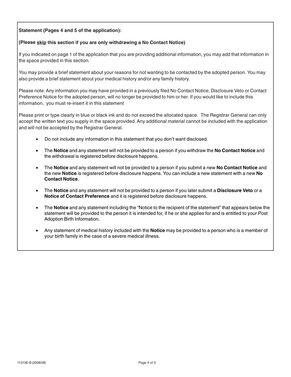 Instructions for Form 11313E-B Adoption Information Disclosure Application to Register or Withdraw a No Contact Notice - Birth Parent - Ontario, Canada, Page 4