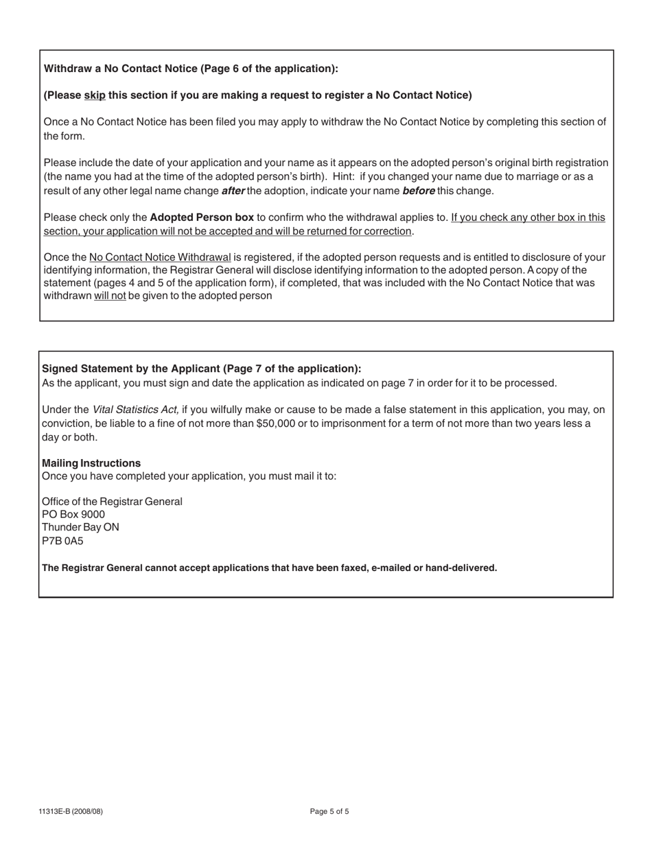 Instructions for Form 11313E-B Adoption Information Disclosure Application to Register or Withdraw a No Contact Notice - Birth Parent - Ontario, Canada, Page 5