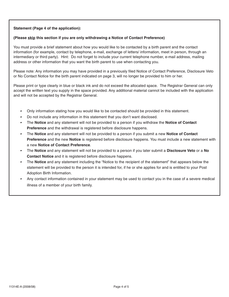 Instructions for Form 11314E Adoption Information Disclosure Application to Register or Withdraw a Notice of Contact Preference - Adopted Person - Ontario, Canada, Page 4
