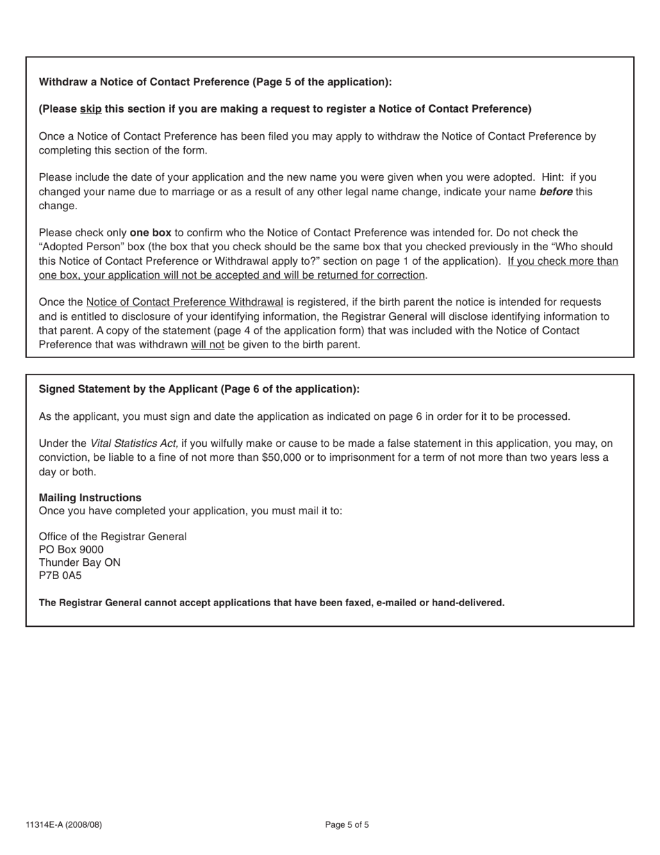 Instructions for Form 11314E Adoption Information Disclosure Application to Register or Withdraw a Notice of Contact Preference - Adopted Person - Ontario, Canada, Page 5