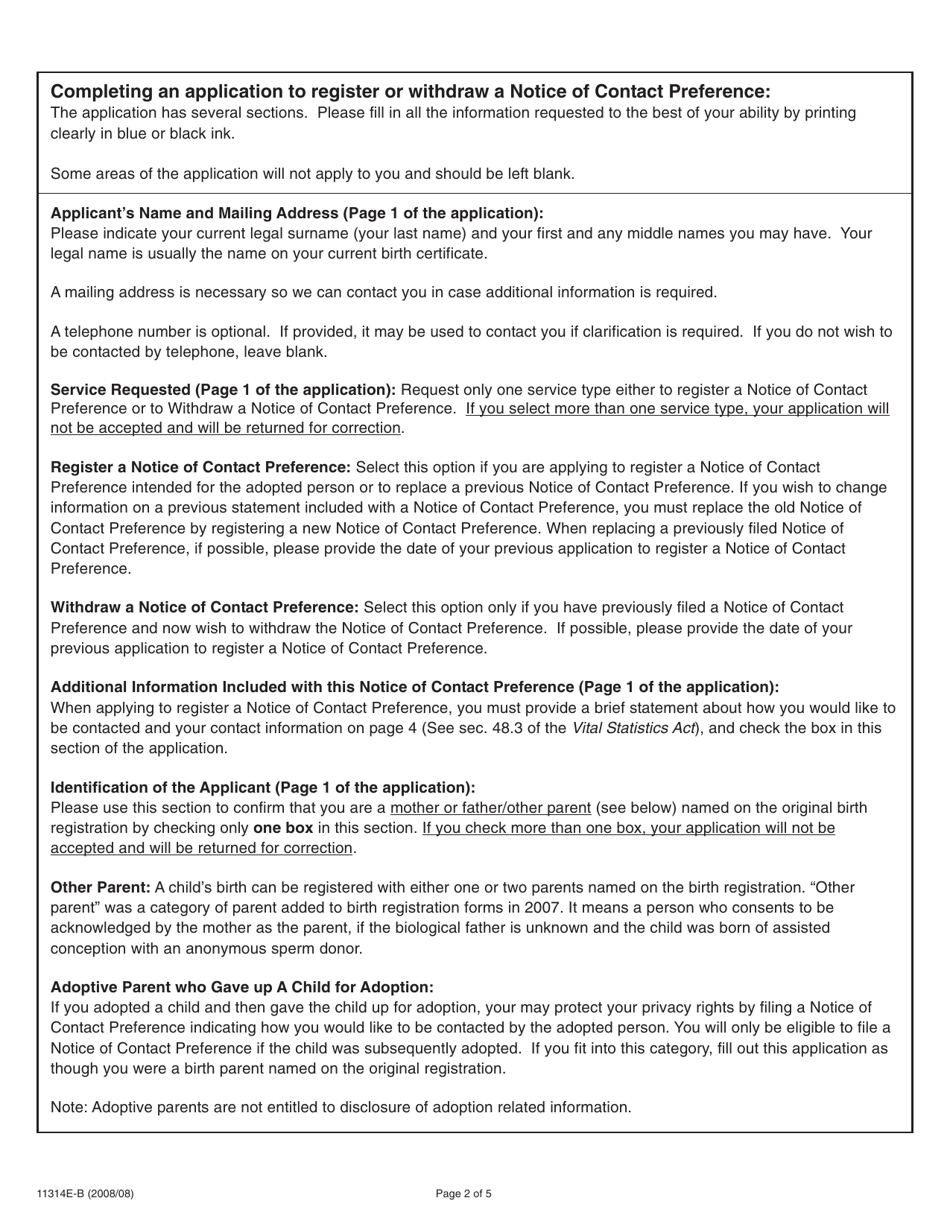 Form 11314E-B Birth Parents Guide for Completing and Submitting an Application to Register or Withdraw a Notice of Contact Preference Under the Vital Statistics Act - Ontario, Canada, Page 2