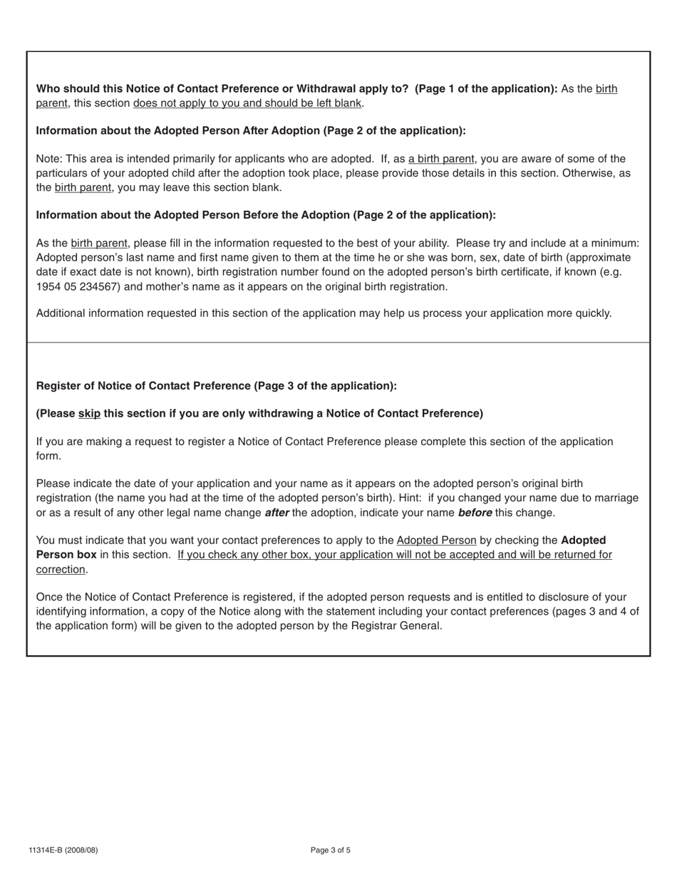 Form 11314E-B Birth Parents Guide for Completing and Submitting an Application to Register or Withdraw a Notice of Contact Preference Under the Vital Statistics Act - Ontario, Canada, Page 3