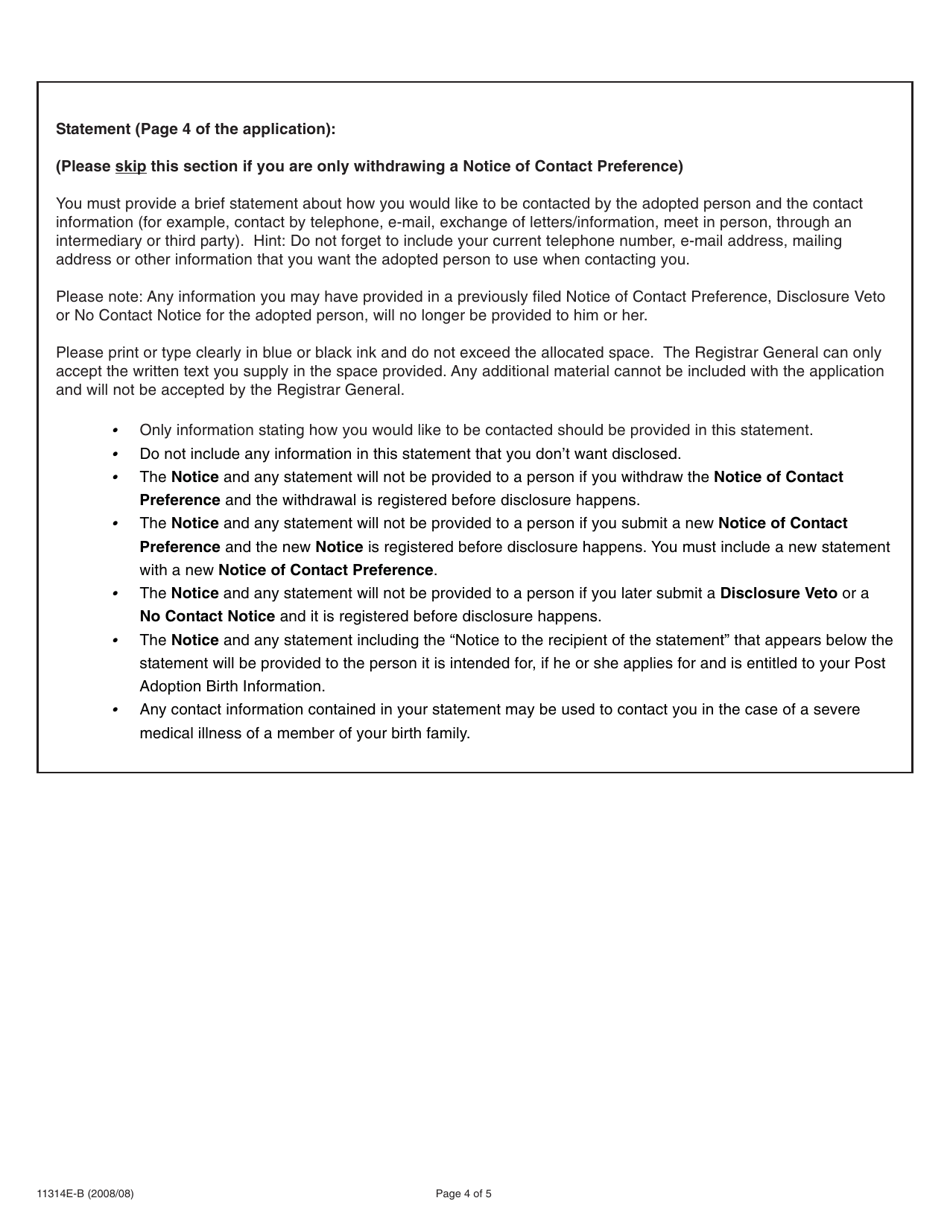 Form 11314E-B Birth Parents Guide for Completing and Submitting an Application to Register or Withdraw a Notice of Contact Preference Under the Vital Statistics Act - Ontario, Canada, Page 4