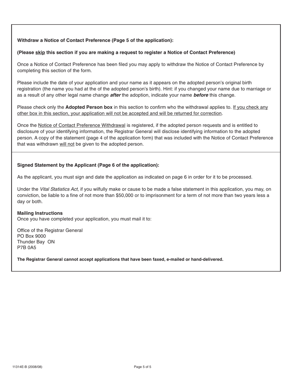 Form 11314E-B Birth Parents Guide for Completing and Submitting an Application to Register or Withdraw a Notice of Contact Preference Under the Vital Statistics Act - Ontario, Canada, Page 5