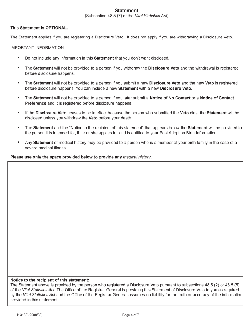 Form 11318 Adoption Information Disclosure Application to Register or Withdraw a Disclosure Veto - Ontario, Canada, Page 4