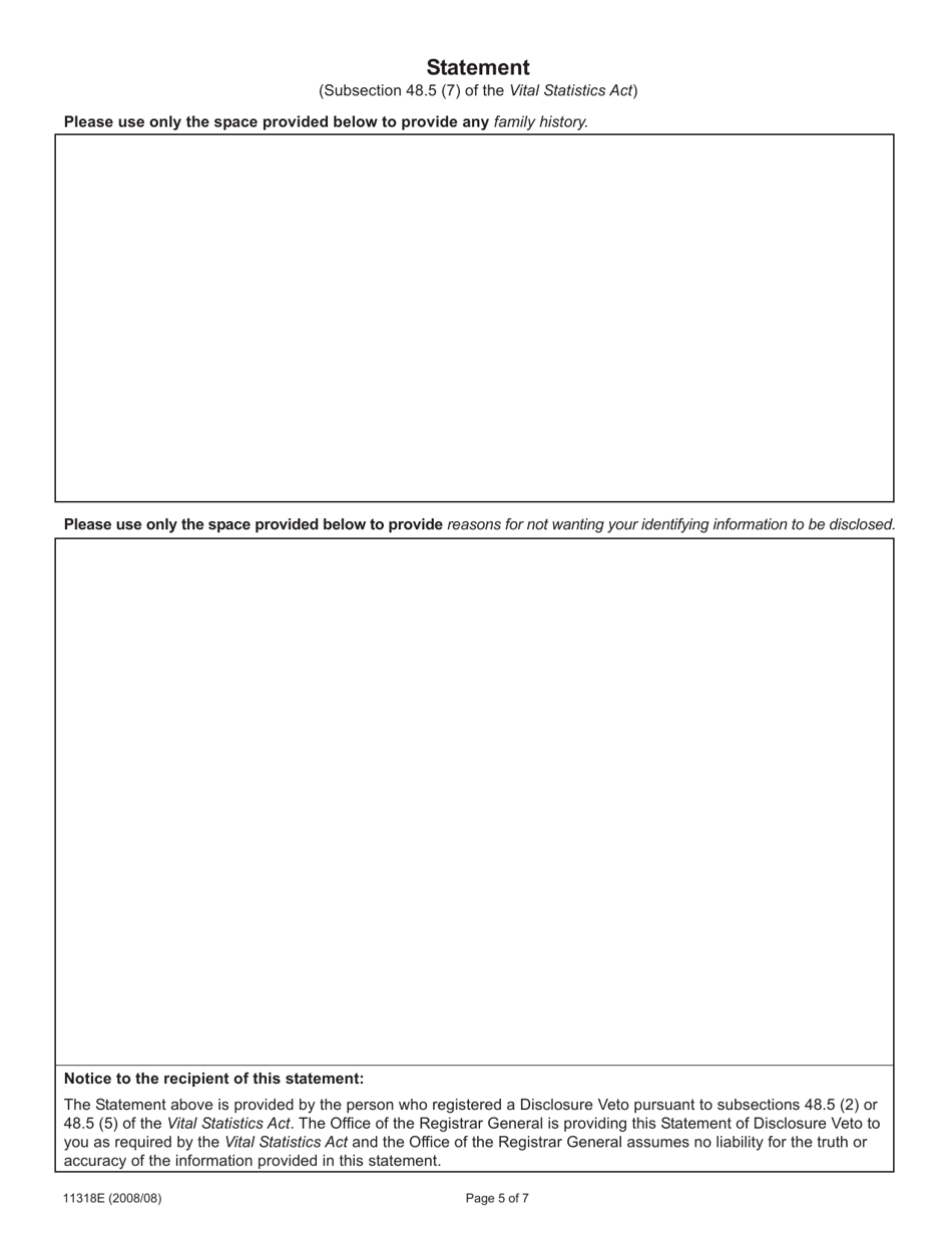 Form 11318 Adoption Information Disclosure Application to Register or Withdraw a Disclosure Veto - Ontario, Canada, Page 5