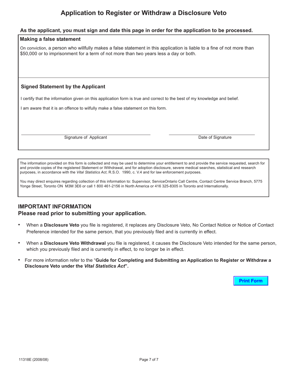 Form 11318 Adoption Information Disclosure Application to Register or Withdraw a Disclosure Veto - Ontario, Canada, Page 7