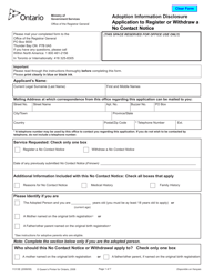 Form 11313 &quot;Adoption Information Disclosure Application to Register or Withdraw a No Contact Notice&quot; - Ontario, Canada