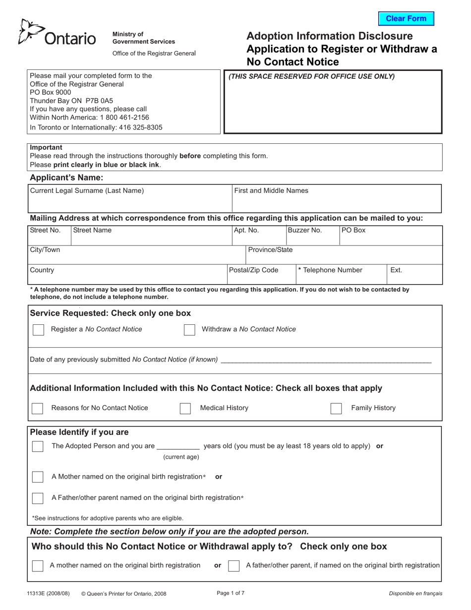 Form 11313 Adoption Information Disclosure Application to Register or Withdraw a No Contact Notice - Ontario, Canada, Page 1