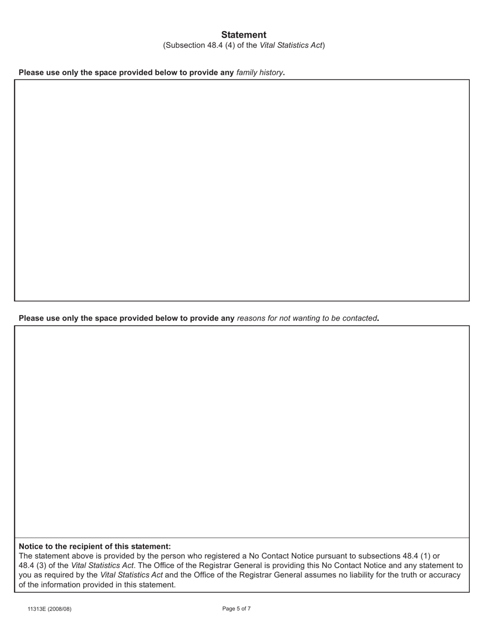 Form 11313 Adoption Information Disclosure Application to Register or Withdraw a No Contact Notice - Ontario, Canada, Page 5