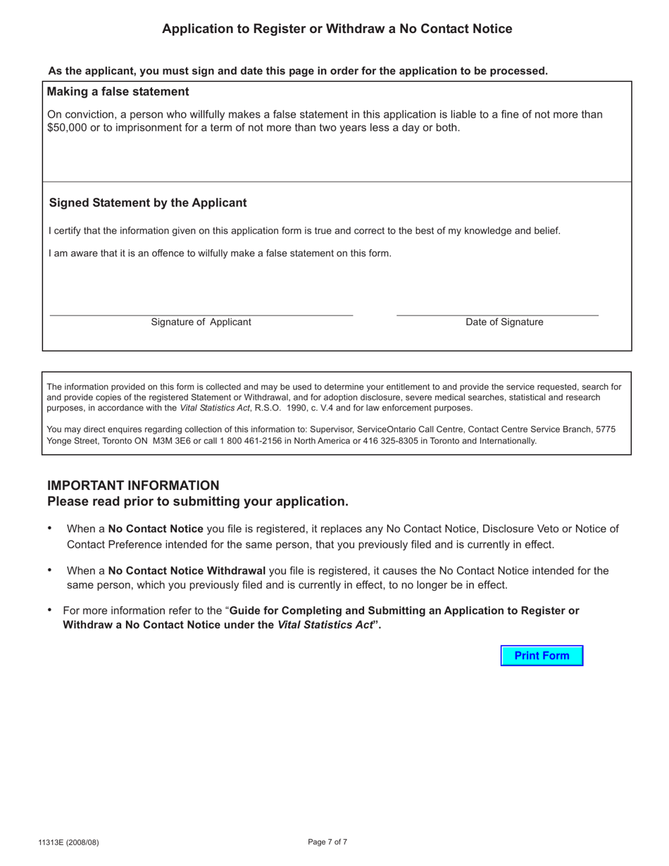 Form 11313 Adoption Information Disclosure Application to Register or Withdraw a No Contact Notice - Ontario, Canada, Page 7