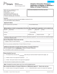 Form 11314 &quot;Adoption Information Disclosure Application to Register or Withdraw a Notice of Contact Preference&quot; - Ontario, Canada
