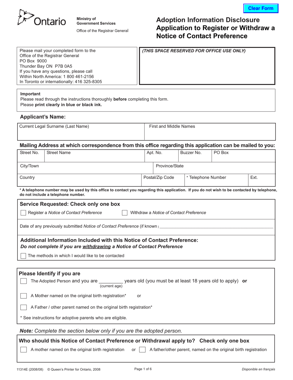Form 11314 Adoption Information Disclosure Application to Register or Withdraw a Notice of Contact Preference - Ontario, Canada, Page 1