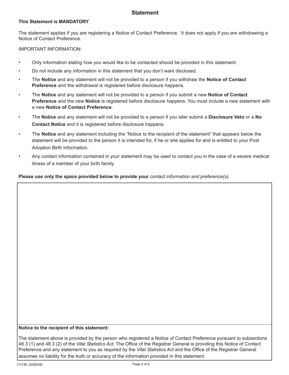 Form 11314 Adoption Information Disclosure Application to Register or Withdraw a Notice of Contact Preference - Ontario, Canada, Page 4