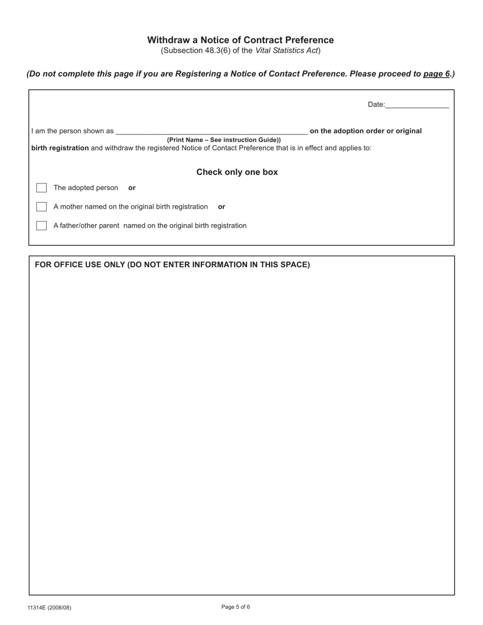 Form 11314 Adoption Information Disclosure Application to Register or Withdraw a Notice of Contact Preference - Ontario, Canada, Page 5