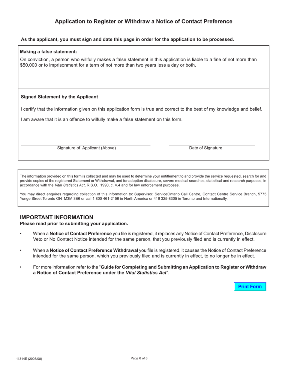 Form 11314 Adoption Information Disclosure Application to Register or Withdraw a Notice of Contact Preference - Ontario, Canada, Page 6