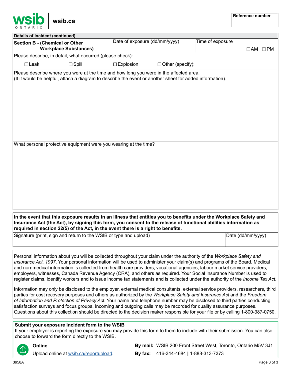Form 3958A Workers Exposure Incident Form (Peir) - Ontario, Canada, Page 3