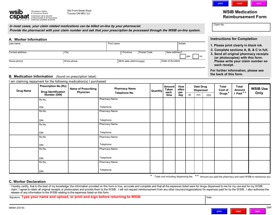 Form 0806A Wsib Medication Reimbursement Form - Ontario, Canada, Page 1