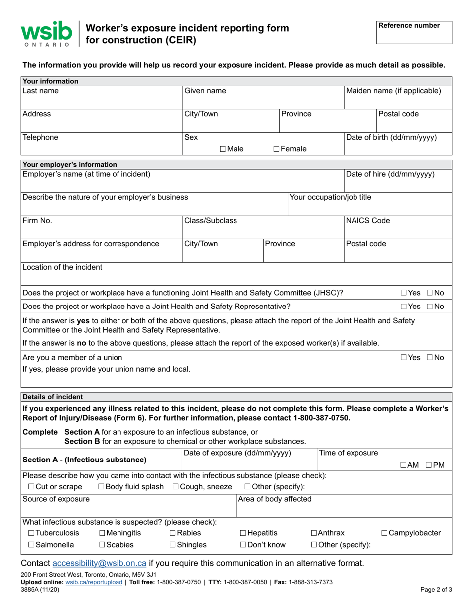 Form 3885A Workers Exposure Incident Reporting Form for Construction (Ceir) - Ontario, Canada, Page 2