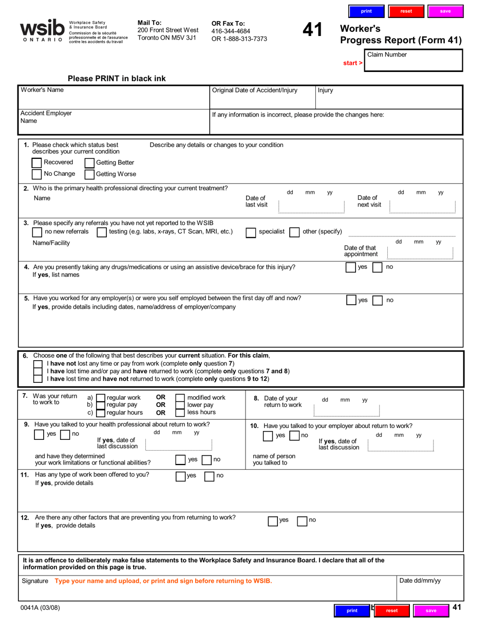 Form 41 (0041A) Workers Progress Report - Ontario, Canada, Page 1