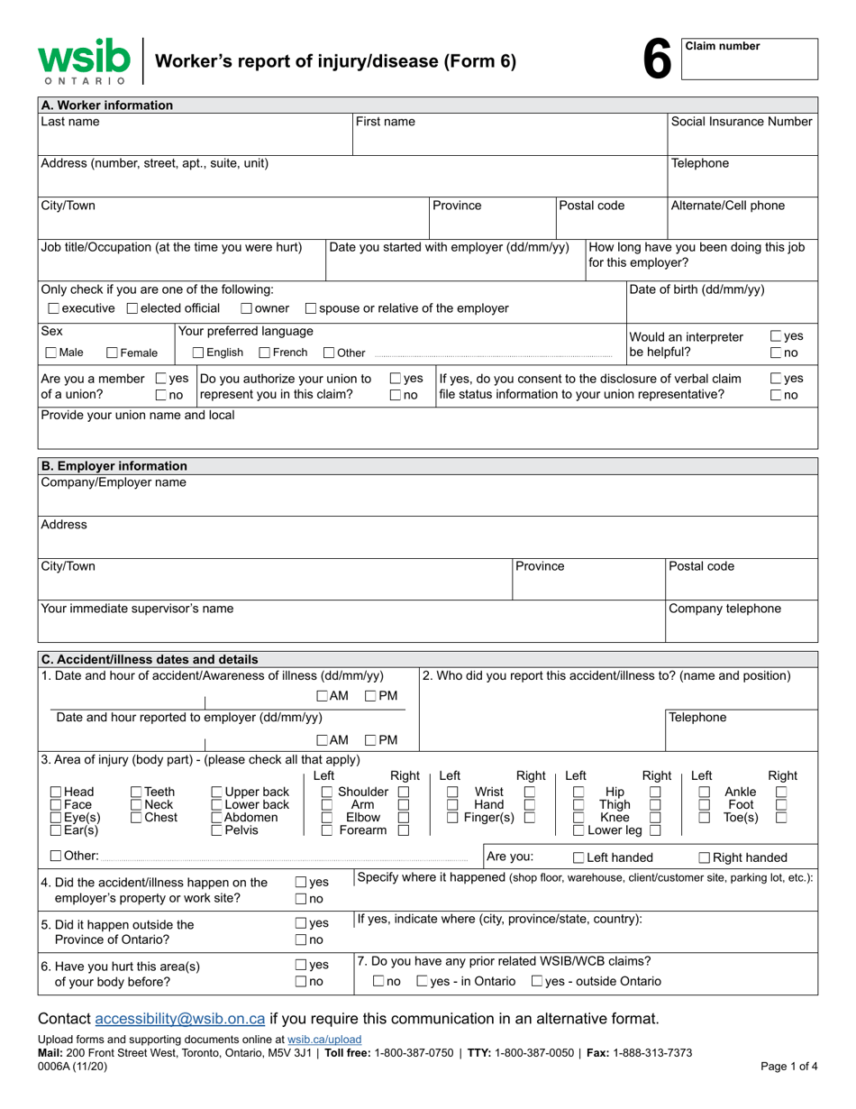 Form 6 (0006A) Workers Report of Injury / Disease - Ontario, Canada, Page 1