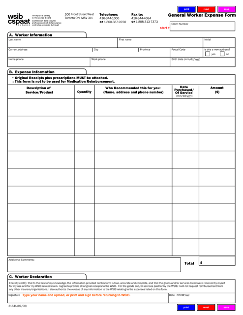 Form 3164A General Worker Expense Form - Ontario, Canada
