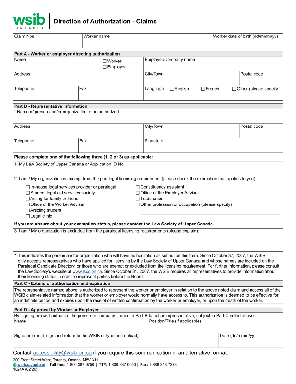 Form 1824A Direction of Authorization - Claims - Ontario, Canada, Page 1