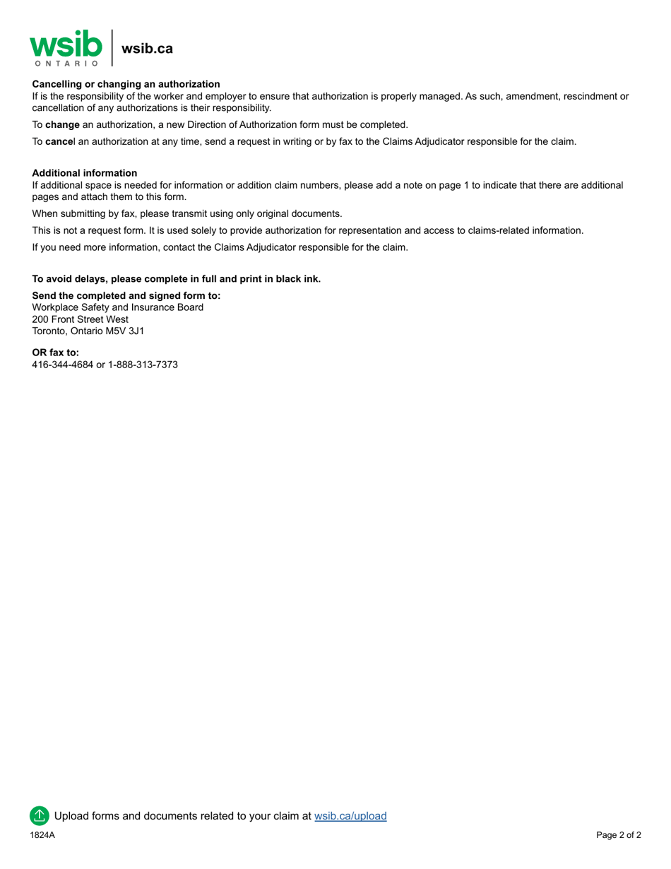 Form 1824A Direction of Authorization - Claims - Ontario, Canada, Page 2