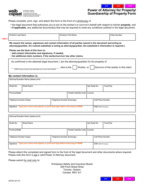 Form 3074A Power of Attorney for Property/ Guardianship of Property Form - Ontario, Canada