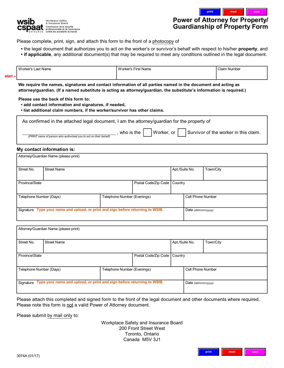 Form 3074A Power of Attorney for Property / Guardianship of Property Form - Ontario, Canada, Page 1
