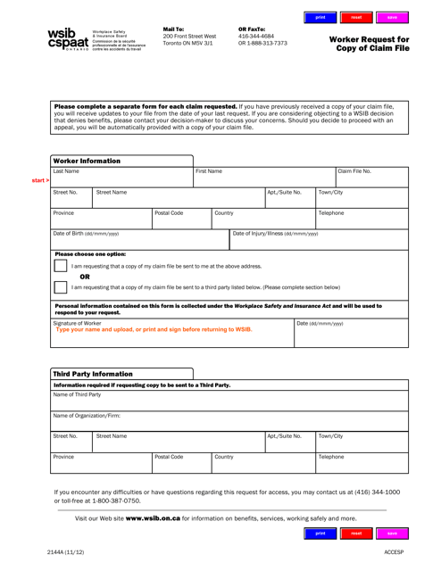 Form 2144A Worker Request for Copy of Claim File - Ontario, Canada