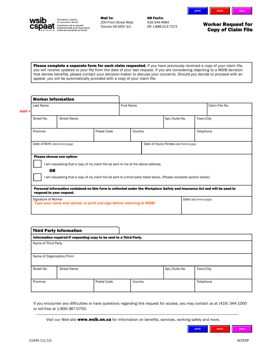 Form 2144A Worker Request for Copy of Claim File - Ontario, Canada, Page 1