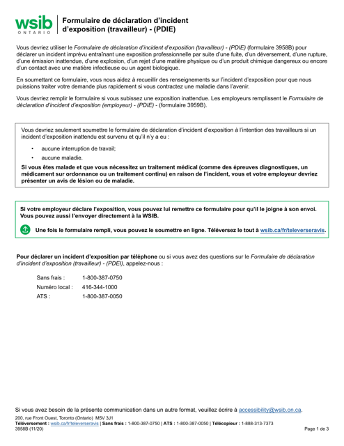 Forme 3958B Formulaire De Declaration D'incident D'exposition (Travailleur) - (Pdie) - Ontario, Canada (French)