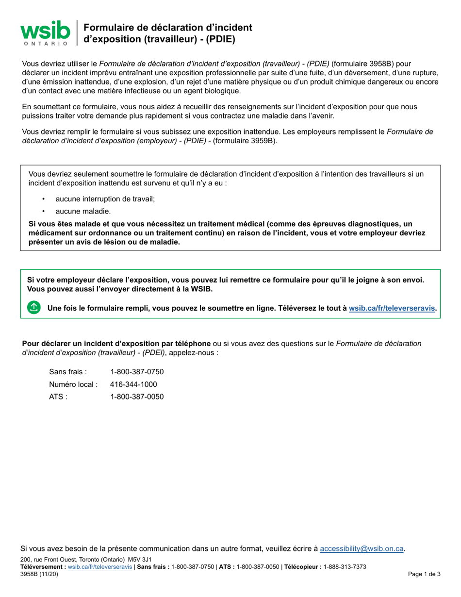 Forme 3958B Formulaire De Declaration Dincident Dexposition (Travailleur) - (Pdie) - Ontario, Canada (French), Page 1