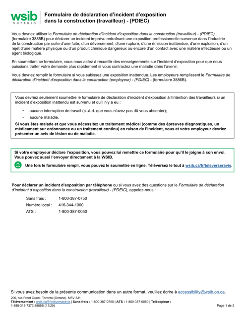 Forme 3885B Formulaire De Declaration D'incident D'exposition Dans La Construction (Travailleur) - (Pdiec) - Ontario, Canada (French)