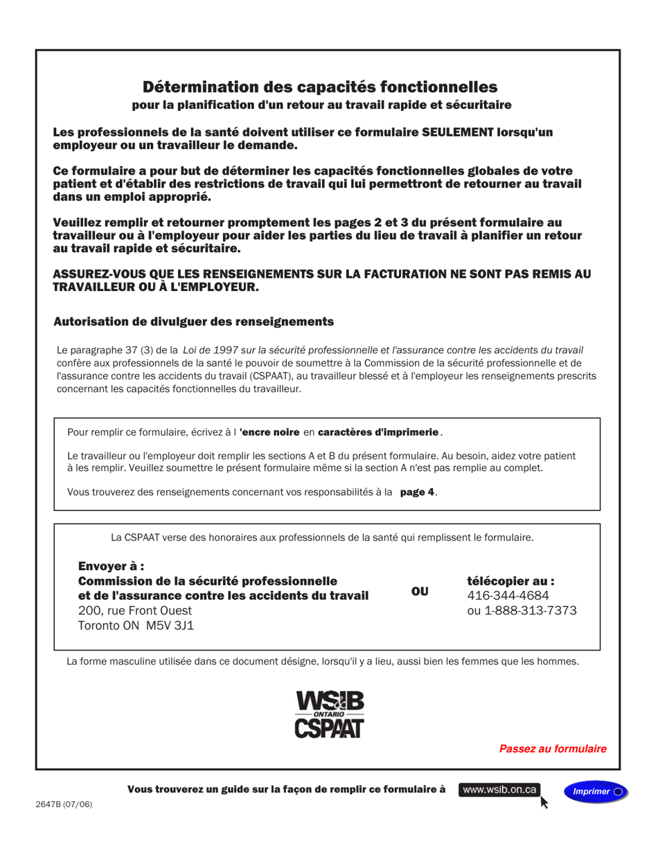 Forme 2647B Determination DES Capacites Fonctionnelles Pour La Planification Dun Retour Au Travail Rapide Et Securitaire - Ontario, Canada (French), Page 1